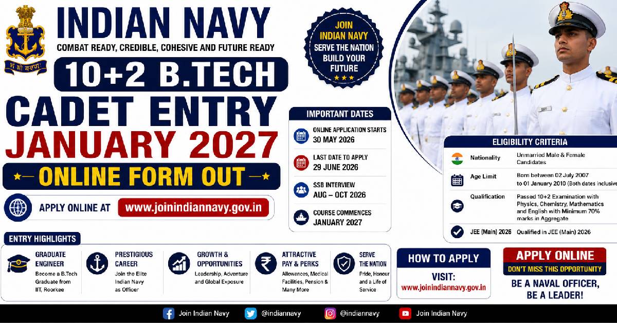 Indian Navy 10 Plus 2 B Tech Cadet Entry January 2027 Online Form